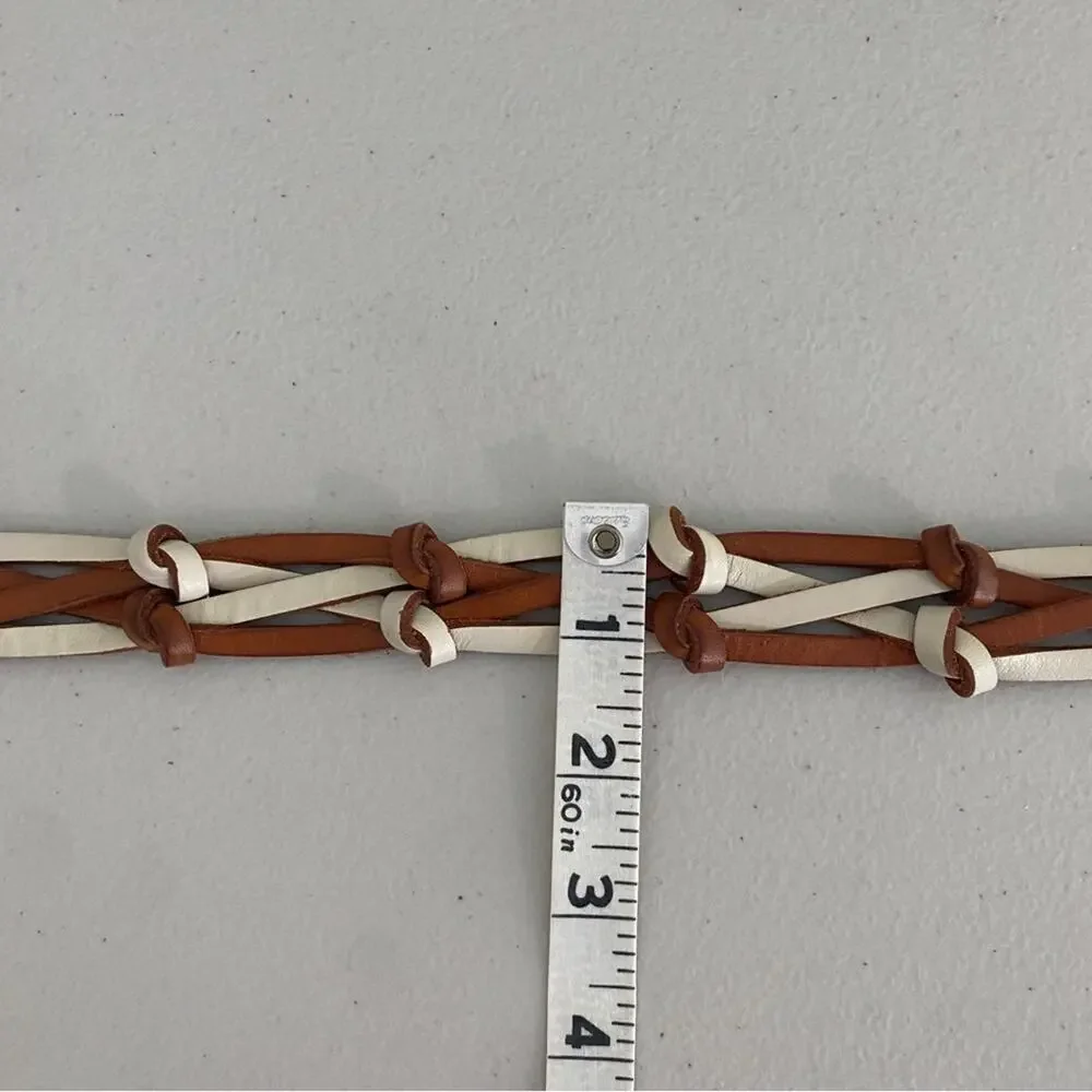 Fossil Braided Brown White Cream Two Tone Leather Thin Skinny Leather Belt Small